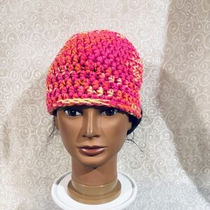 Handmade Crochet Multicolor Beanie Hat Pink Orange Chunky